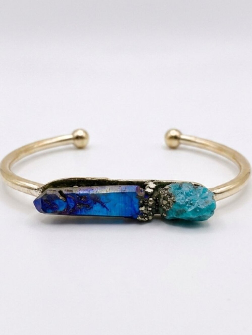 Raw Titanium Crystal Point Drusy Bangle w. Turquoise + Pyrite